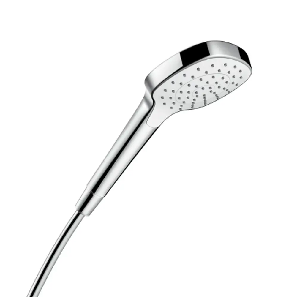 Hansgrohe Handbrause mit einem runden Kopf und einem schlanken Griff, ausgestattet mit mehreren Wasserstrahlöffnungen, in chromfarbener und weißer Ausführung.